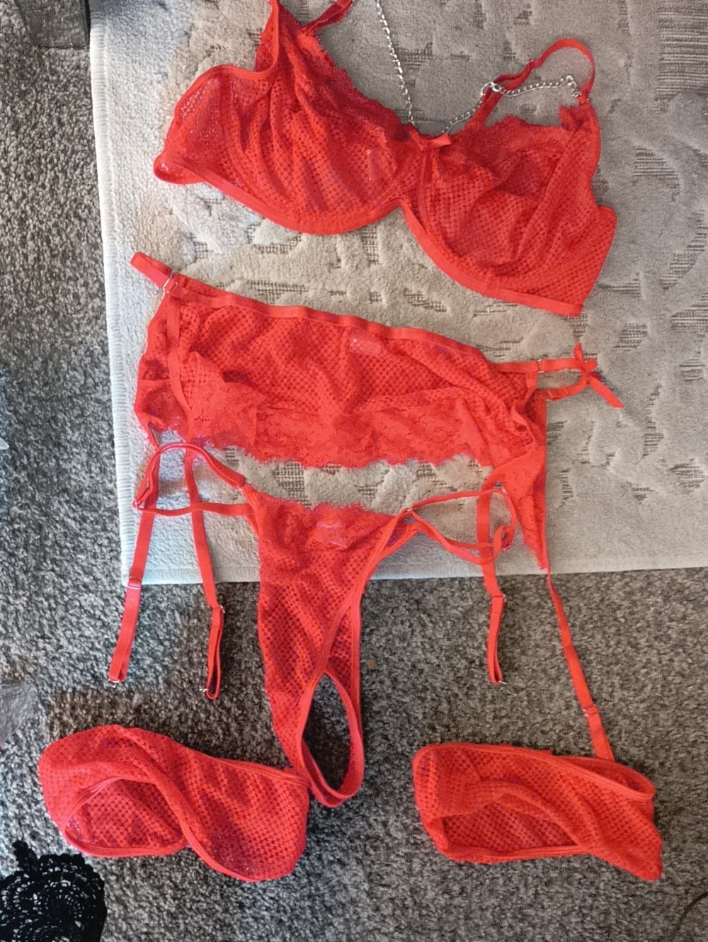 Red Lace Mesh Bra and Garter Set - Women's Intimates